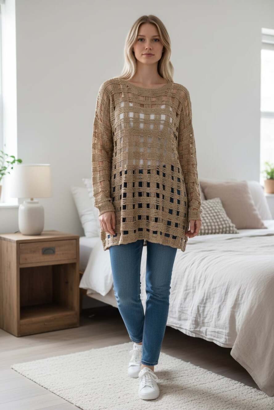 Chico's Travelers Collection Metallic Gold Open Weave Tunic Sweater